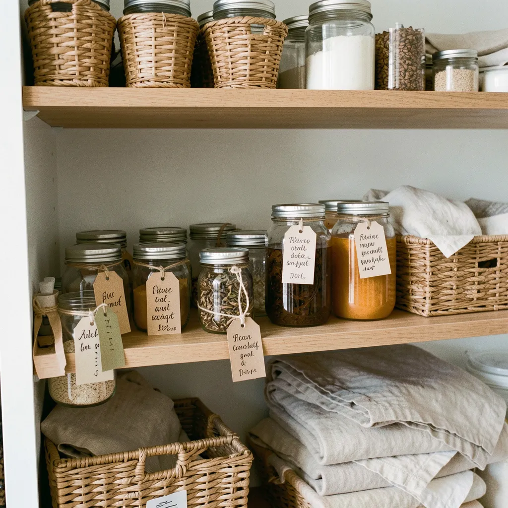 Clear glass jars with labels